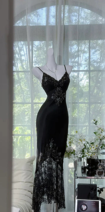 Sexy Black Mermaid Spaghetti Strap Beaded Lace Chiffon Evening Dress Party Dress HZ1023